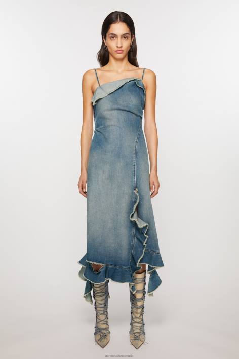 Apparel 8FXBR252 Acne Studios Ruffle strap denim dress Mid Blue